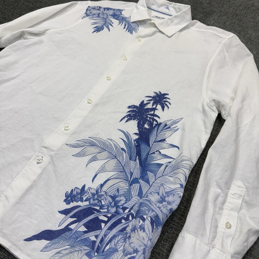 Tommy Bahama Shirt Mens Large White Blue Linen Button Up Long Sleeve Beach